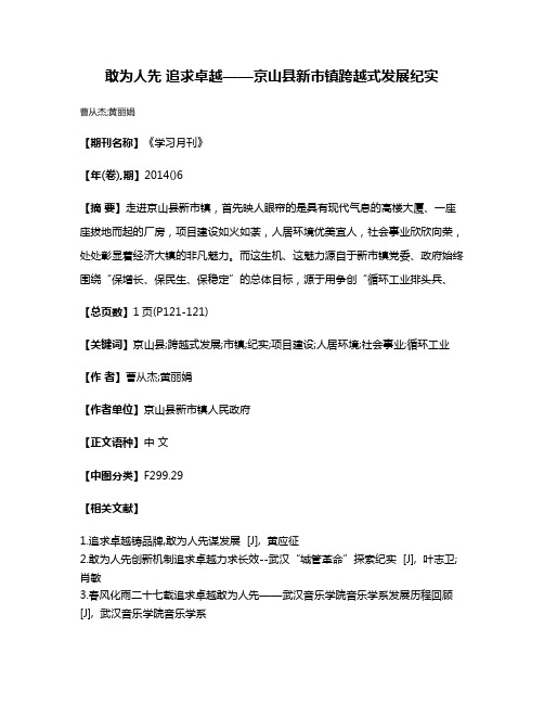 敢为人先 追求卓越——京山县新市镇跨越式发展纪实