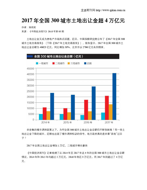 2017年全国300城市土地出让金超4万亿元