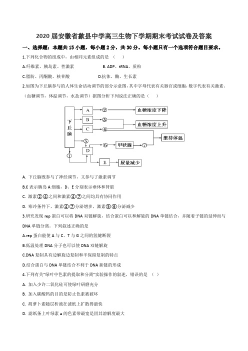 2020届安徽省歙县中学高三生物下学期期末考试试卷及答案