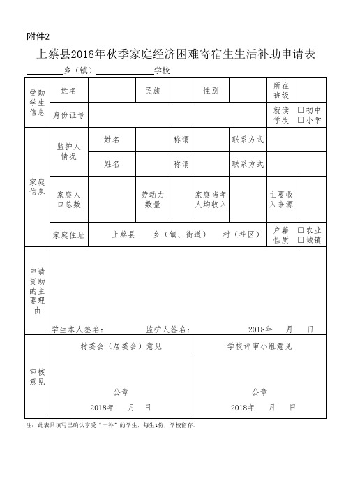 寄宿生国家“一补”申请表