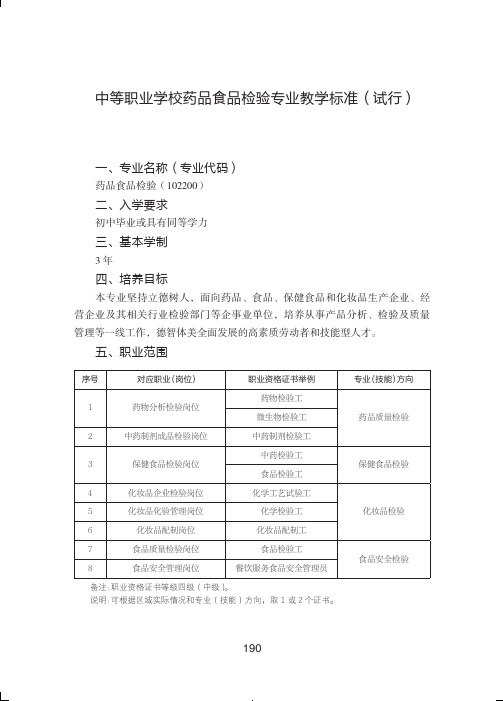 中等职业学校药品食品检验专业教学标准(试行)