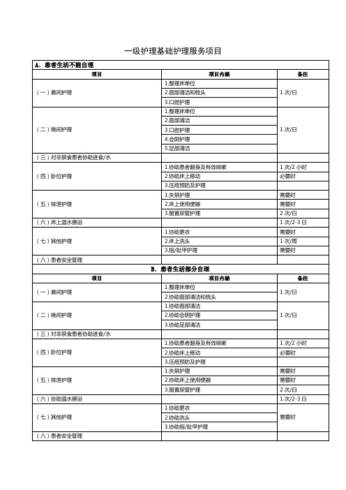 一级护理基础护理服务项目