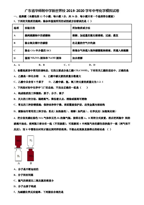 【附20套中考模拟试卷】广东省华师附中学新世界校2019-2020学年中考化学模拟试卷含解析