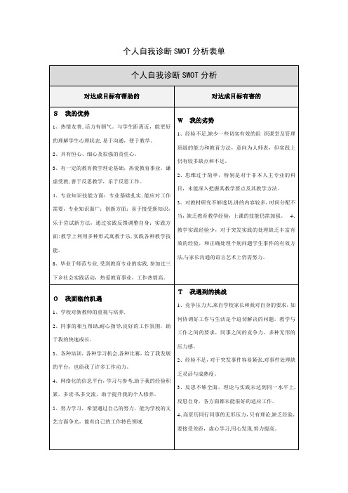 教师个人自我诊断SWOT分析表80889