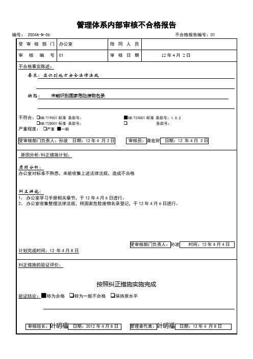 安全环境管理体系内部审核不合格报告