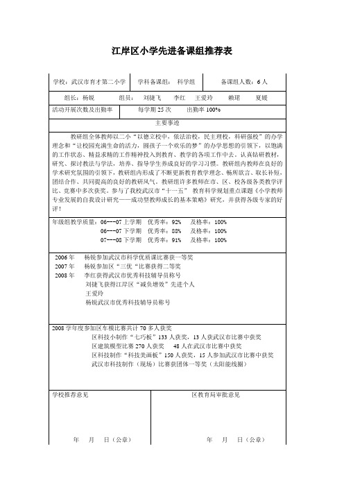 江岸区小学先进备课组推荐表