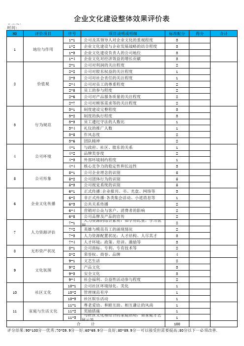 企业文化建设整体效果评价表