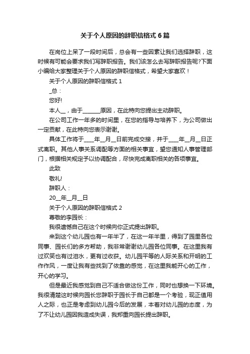 关于个人原因的辞职信格式6篇