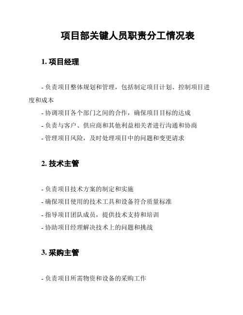 项目部关键人员职责分工情况表