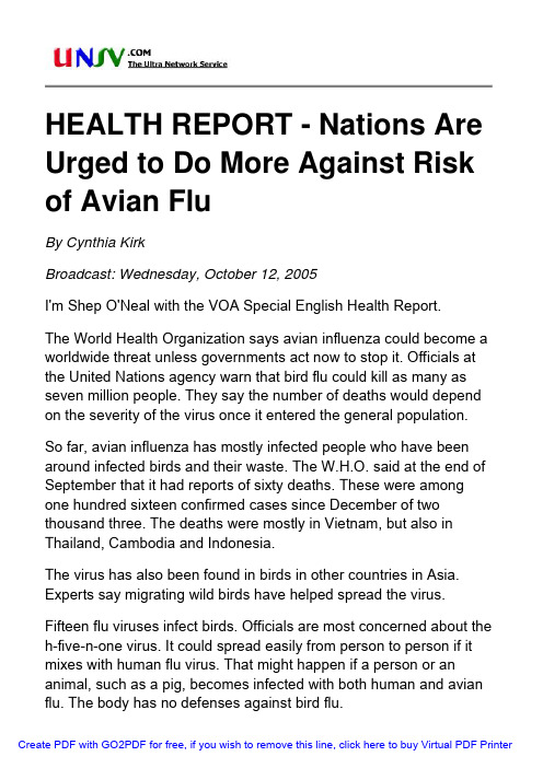 HEALTH REPORT - Nations Are Urged to Do More Against Risk of Avian Flu