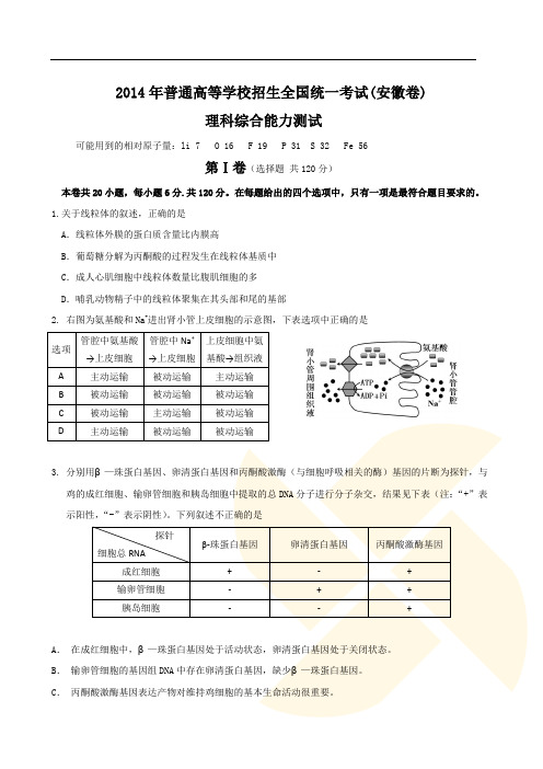 2014年安徽高考理综试卷及答案