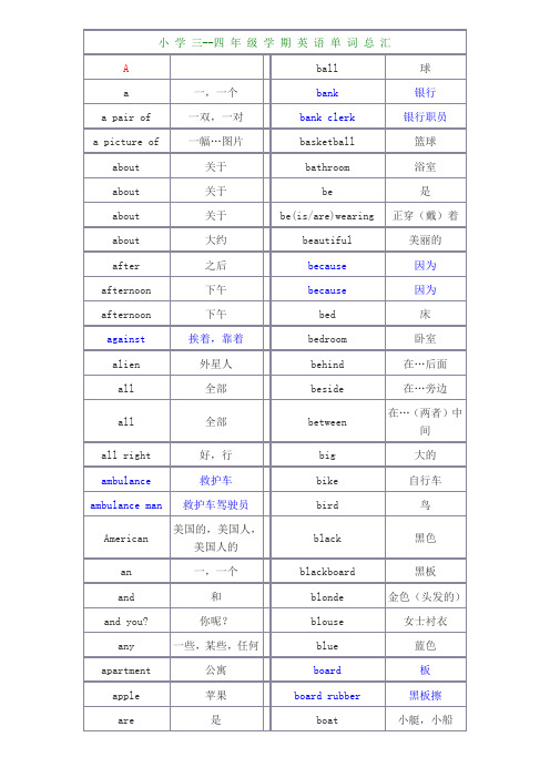 小学三、四年级学期英语单词总汇