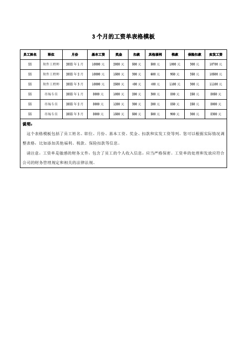 3个月的工资单表格模板