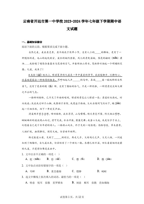 云南省开远市第一中学校2023-2024学年七年级下学期期中语文试题