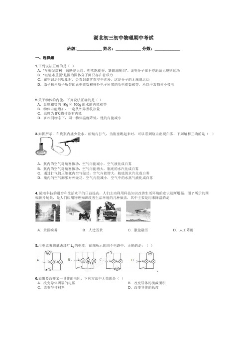 湖北初三初中物理期中考试带答案解析
