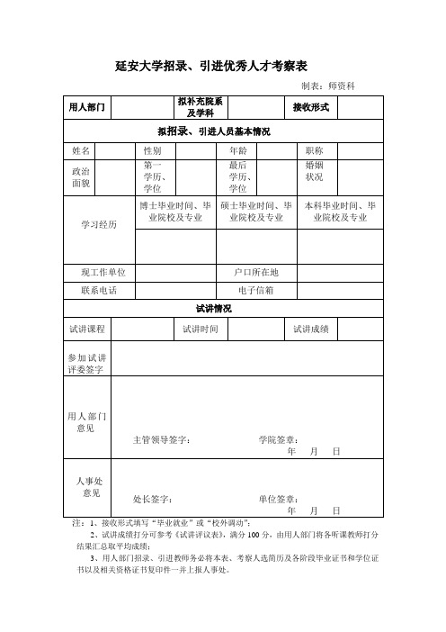 .延安大学招录、引进优秀人才考察表
