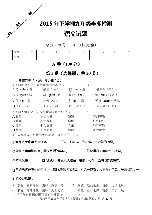 2015年下学期九年级语文半期检测教材