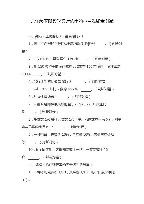 六年级下册数学课时练中的小白卷期末测试