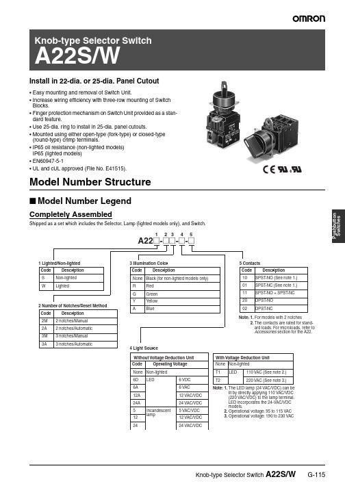 Knob-type Selector Switch A22S W 推钮开关手册说明书