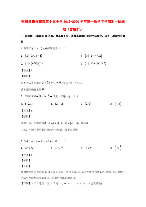 四川省攀枝花市第十五中学2019_2020学年高一数学下学期期中试题理含解析