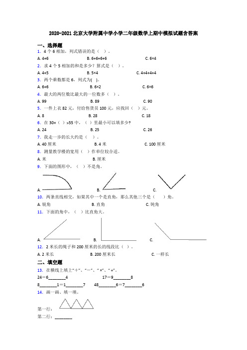 2020-2021北京大学附属中学小学二年级数学上期中模拟试题含答案