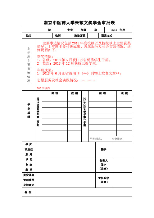 南京中医药大学朱敬文奖学金审批表