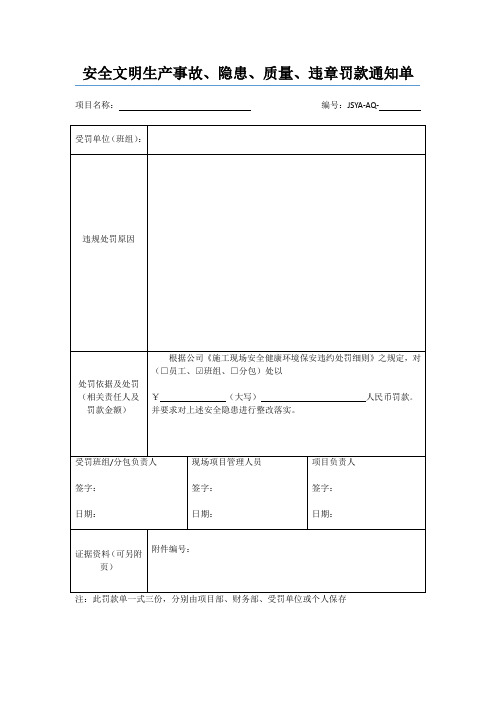 安全文明生产罚款通知单