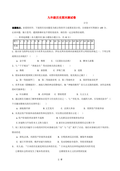 湖南省邵阳市九年级历史上学期期末考试试题(无答案)