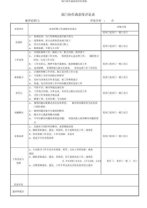 部门协作满意度评价表格