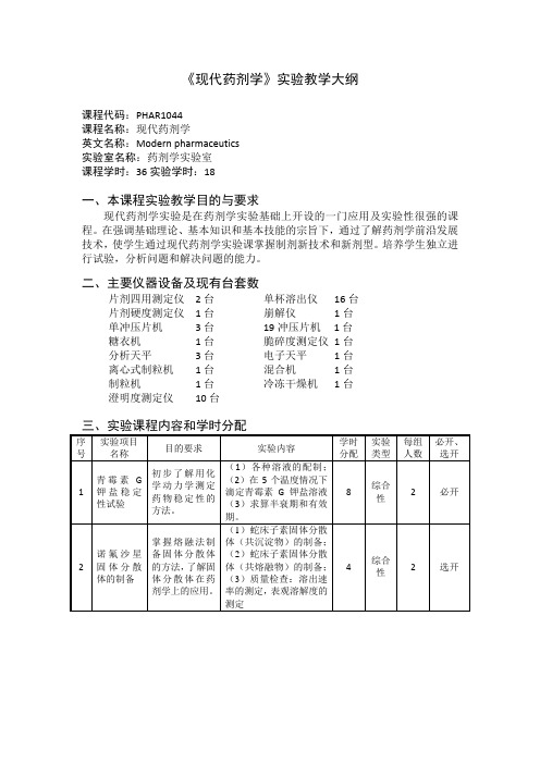 《现代药剂学》课程教学大纲