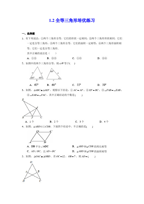 全等三角形 苏科版数学八年级上册培优练习(含答案)