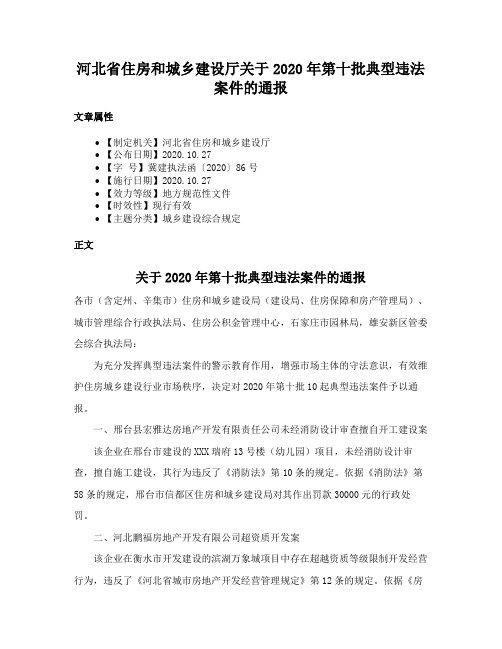 河北省住房和城乡建设厅关于2020年第十批典型违法案件的通报