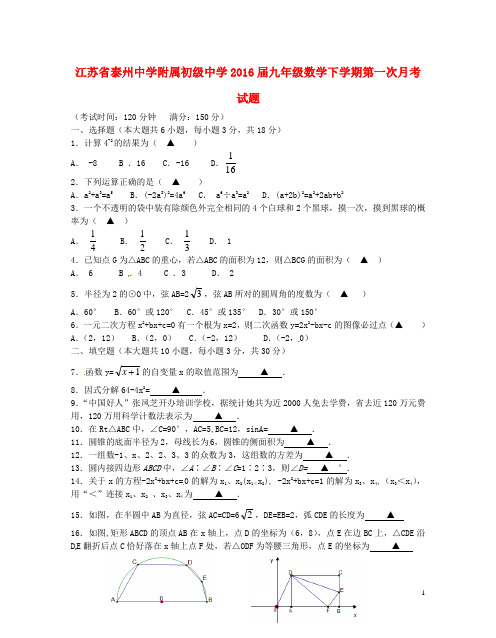 江苏省泰州中学附属初级中学九年级数学下学期第一次月