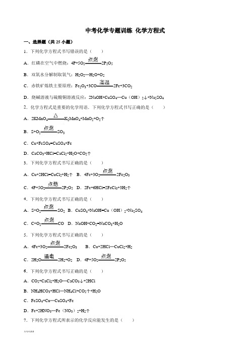 粤教版化学九年级上册中考专题训练 化学方程式.docx