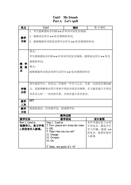 Unit 3 Part A Let's spell(教学设计)四年级英语上册(人教PEP版)