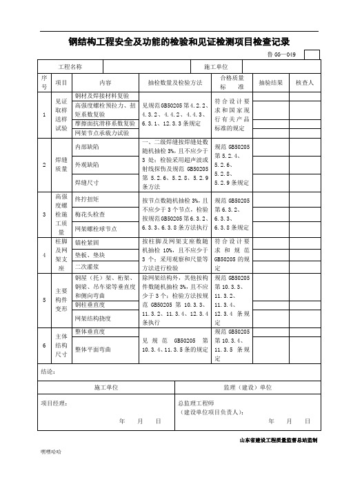 钢结构工程安全及功能的检验和见证检测项目检查记录-精选