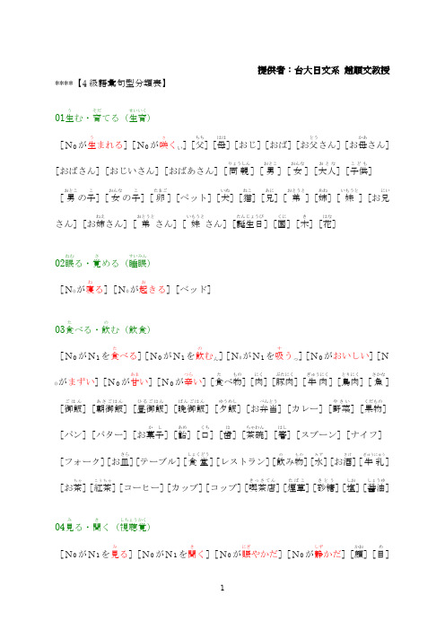 日语4级语汇句型分类表