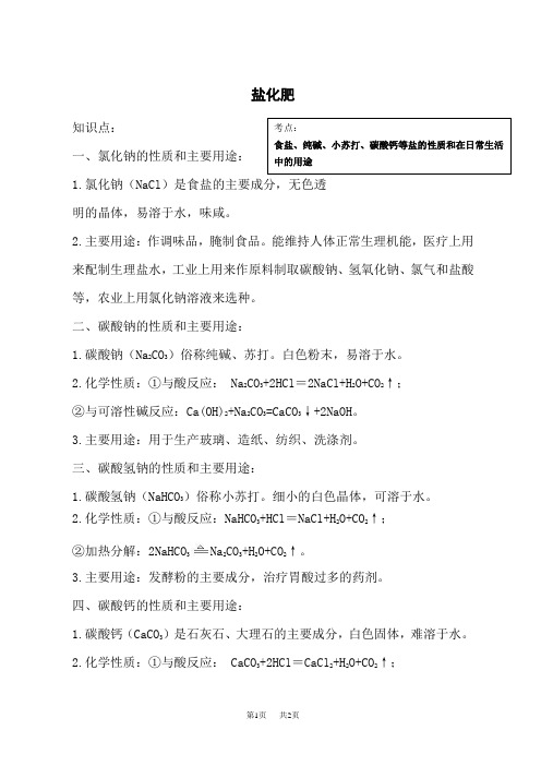 人教版初中九年级下册化学 第十一单元+盐化肥知识点复习讲义