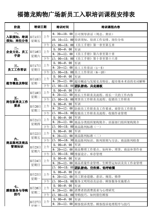 新员工培训课程安排表