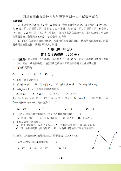 四川省眉山市青神县中考一诊考试数学试卷含答案