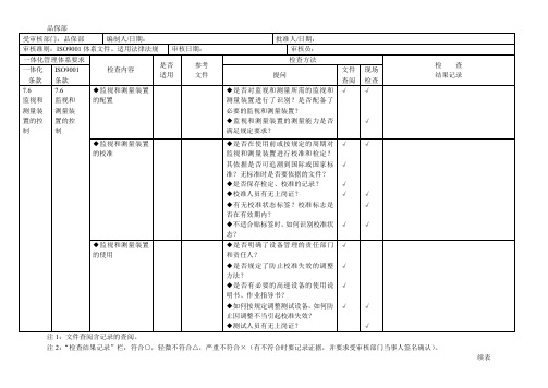 质量内审检查表(品保部)