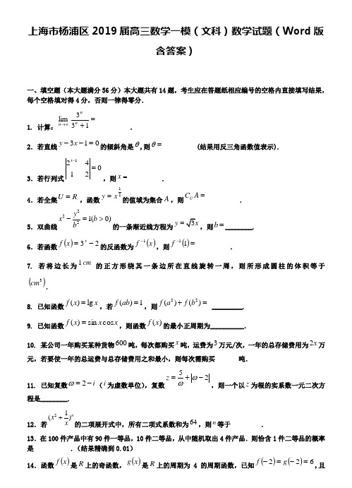 上海市杨浦区2019届高三数学一模(文科)数学试题(Word版含答案)