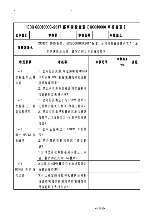 IECQQC080000-2017内部审核检查表-全条款