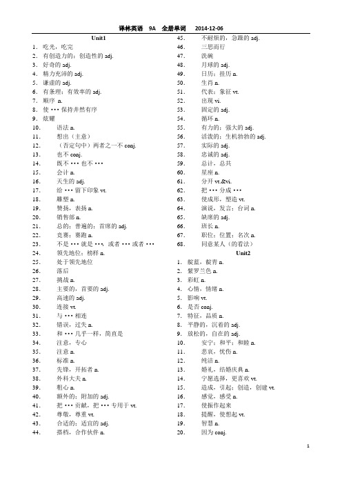 译林英语9A全册单词汉译英