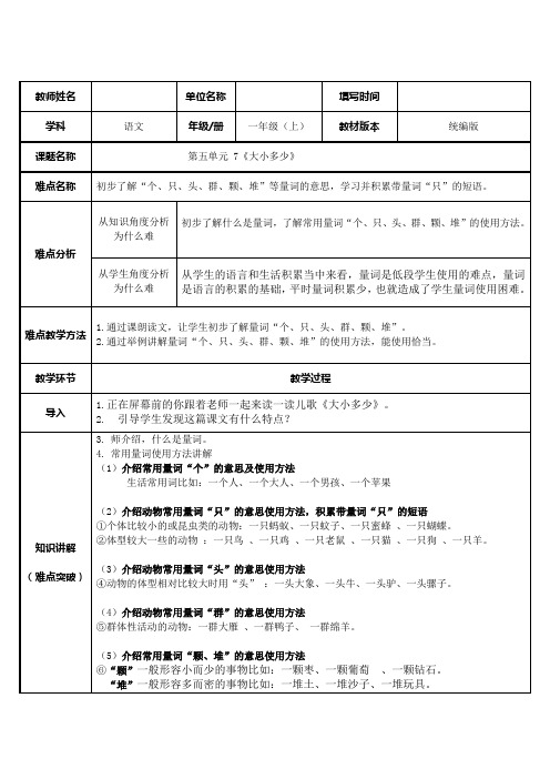 部编人教版小学一年级语文上册《常用量词的使用》教学设计