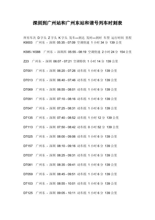 深圳到广州站和广州东站和谐号列车时刻表