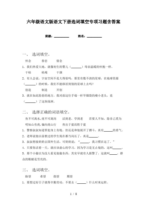 六年级语文版语文下册选词填空专项习题含答案