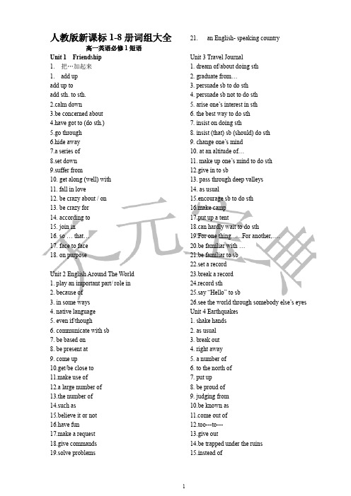 高中人教版新课标英语1-8册词组大全汇编