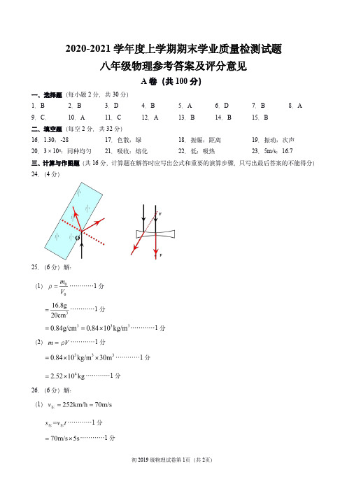 2020-2021学年上学期期末学业质量检测试题八年级物理参考答案及评分意见