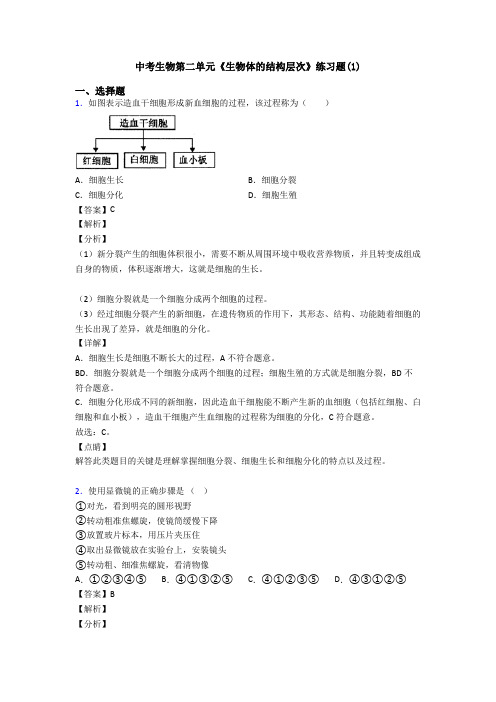 中考生物第二单元《生物体的结构层次》练习题(1)